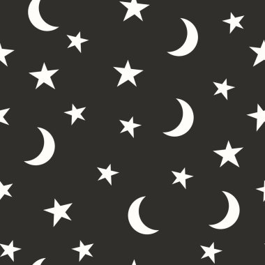 Siyah Arkaplanda Yıldızlı ve Aylı Kusursuz Çocuk Şablonu Çocuklar için Gökyüzü Gökyüzü Tasarım Vektör Tasarımı Bebek Odası Dekorasyonu