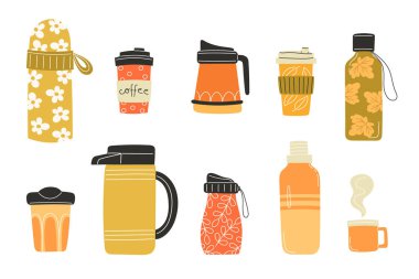 Sevimli Sonbahar Termosları ve Çiçekli Seyahat Kupaları Düz Yapraklar Mevsimlik Sabit Vektör Resimleri Sonbahar ve Şükran Günü Tasarımları