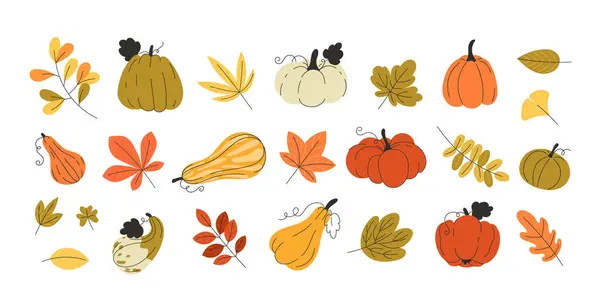 Geniş Sonbahar Elementleri Çok Renkli Yapraklar ve Şirin Balkabağı Tarzı Düz Sonbahar Stili Mevsimsel Tasarımlar için Şükran Günü Vektör Resimleri