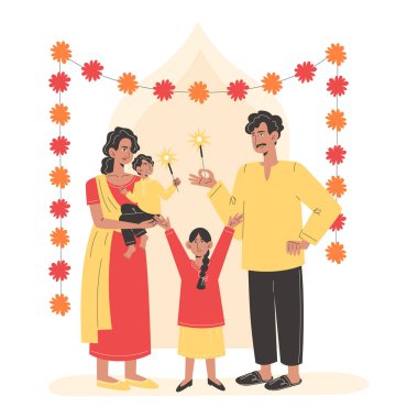 Mutlu Hint ailesi Diwali 'yi yanan maytaplar ve şenlikli ışıklarla kutluyor.