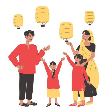 Mutlu Hint ailesi Diwali 'yi kutluyor kağıt fenerler yayarak.