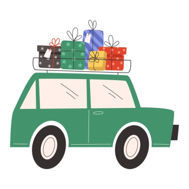 Noel ve yeni yıl hediyeleriyle dolu bir araba bayram sevkıyatı için çatıda.