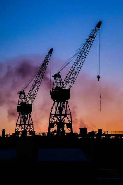Port cranes at sunset. Port, cargo transportation and cargo ships. Selective focus. High quality photo