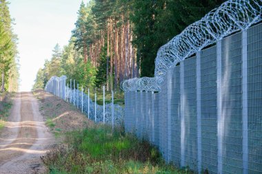 Silene, Letonya - 26 Eylül 2023: Letonya - Belarus sınırında, Belaruslu mültecilere karşı dikenli tellerle çit kuruldu. Yüksek kalite fotoğraf