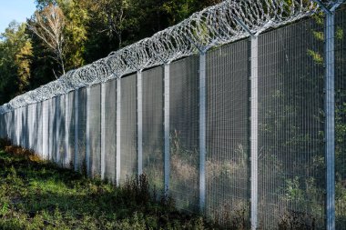 Silene, Letonya - 26 Eylül 2023: Letonya - Belarus sınırında, Belaruslu mültecilere karşı dikenli tellerle çit kuruldu. Yüksek kalite fotoğraf