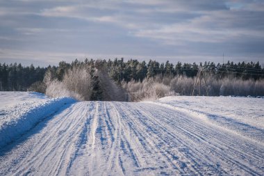 Güneşli bir kış gününde şehrin dışında güzel, karlı bir köy yolu. Kışın trafik vardı. Yüksek kalite fotoğraf