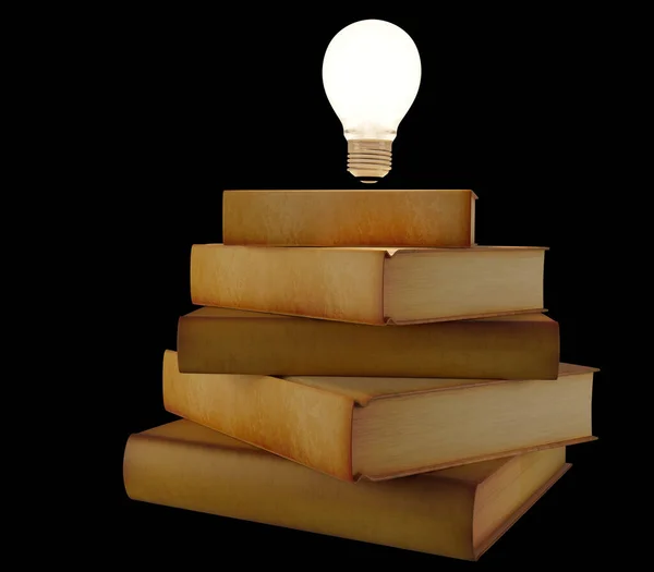 Pile Old Books Light Bulbs Knowledge Light Render — Stock Photo, Image