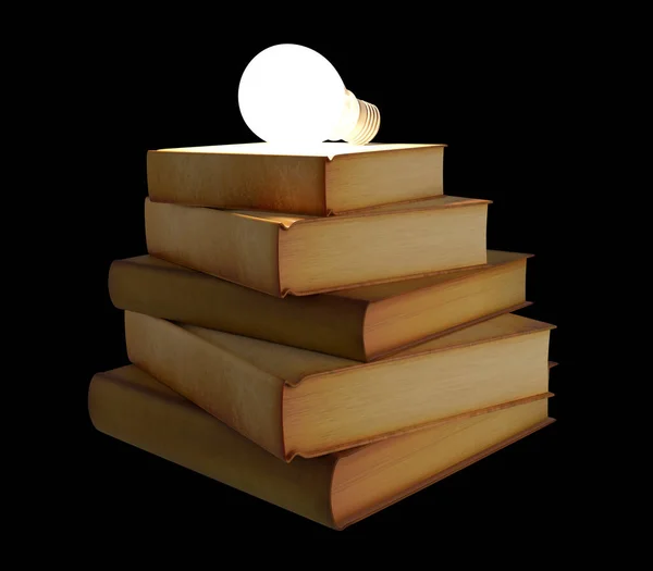 Hromada Starých Knih Žárovkami Znalost Světlo Vykreslení — Stock fotografie