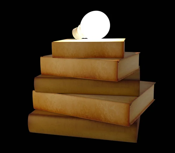 成堆的旧书 用灯泡 知识是轻的 3D渲染 — 图库照片