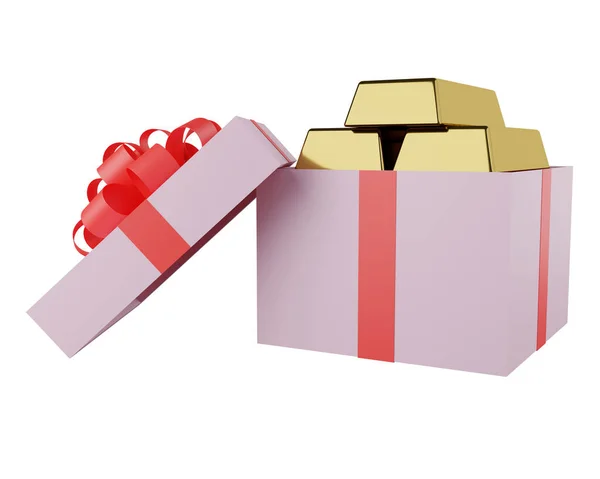 Kotak Hadiah Persegi Dengan Busur Ada Emas Batangan Dalamnya Render — Stok Foto