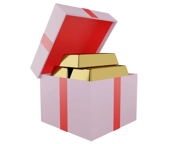 Square Gift Box Bow Gold Bars Render — Stock Photo, Image