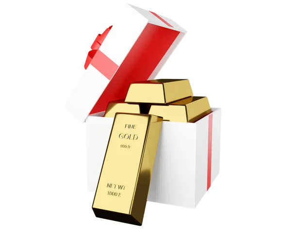 Négyzet Ajándék Doboz Vannak Aranyrudak Belül Render — Stock Fotó