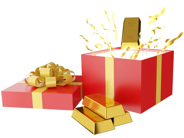 Vierkante Geschenkdoos Met Strik Zijn Goudstaven Binnen Renderen — Stockfoto
