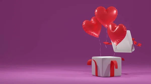 Červený Balón Tvaru Srdce Plovoucí Dárkové Krabice — Stock fotografie