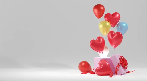 Červené Srdce Balón Plovoucí Dárkové Krabice Valentýn Šťastný Nový Rok — Stock fotografie