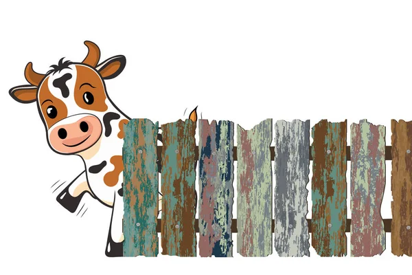 Αγελάδα Ξύλινο Φράχτη Επίπεδη Στυλ Κινουμένων Σχεδίων Λογότυπο Μασκότ Σχέδιο — Διανυσματικό Αρχείο