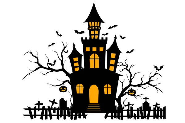 Хэллоуин Привидениями Летучей Мышью Деревом Могилой Тыквой Элементами Поздравительной Открытки — стоковый вектор