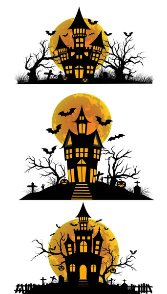 Casa Embrujada Halloween Con Luna Llena Murciélago Árbol Tumba Calabaza — Vector de stock