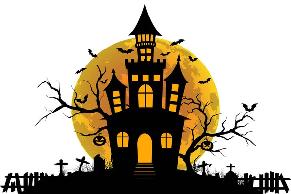 Дом Привидениями Хэллоуин Полнолунием Летучая Мышь Дерево Могила Тыква Элементы — стоковый вектор