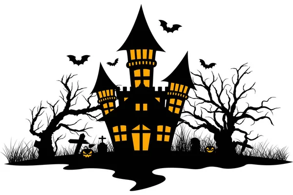 Casa Assombrada Halloween Com Morcego Árvore Sepultura Alfinete Elementos Para — Vetor de Stock