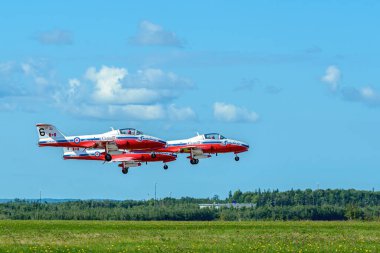 Moncton, NB, Kanada - 23 Ağustos 2014: The Snowbirds jetleri pist kenarına dizilmiştir. Kar kuşları Kanada 'nın hava gösterisi takımıdır. Gökyüzü bulutlu.