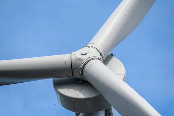 Closeup Hub Large Wind Turbine Looking Angle Blue Sky Stock Photo