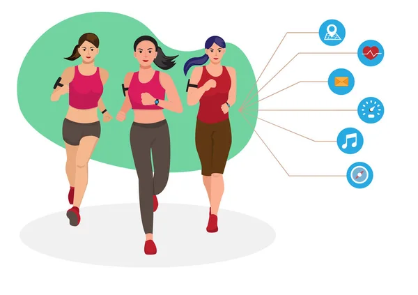 ジョギング中だ 女が走ってる マラソンの練習 健康の概念 平面図ベクトル図 — ストックベクタ