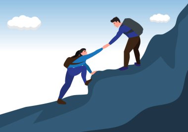 Dağın zirvesine çıkarken birbirlerine yardım eden erkek ve kadın tırmanışçıların vektör çizimi