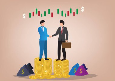 İki iş adamının el ele durduğu vektör çizimi madeni para yığını yatırım fikirleri üzerine.