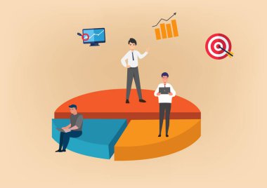 Büyük bir pasta grafiğinin üzerinde duran işadamı hisse senedi, hisse senedi ve sermaye çıkarlarını gösteriyor. Vektör illüstrasyonu.