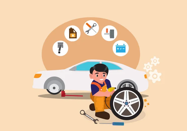 轮胎修理和更换服务商店与汽车修理工服务到轮胎漏气的汽车 矢量说明 — 图库矢量图片