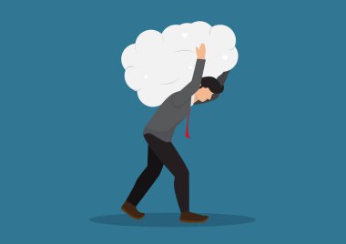 Over thinking, obsessive in work or too many problems that cannot make decision concept, tried depressed businessman carry heavy thinking bubble burden.