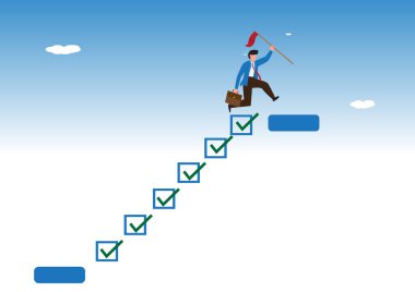 Progress from beginning to success development or improvement Challenges to advance and win the race. Complete missions to complete the project. Businessman stepping on a checklist to carry out goals