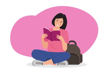 female student interested in reading open book in hand Isolated flat vector illustration.