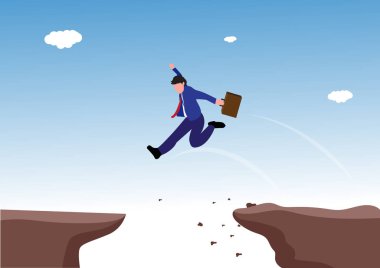 Büyük bir uçurumun üzerinde duran iş adamı sorunuyla ve çözüm vektörü konseptiyle. Engelleri aşmanın sembolü, strateji, analiz, yaratıcılık. vektör illüstrasyonu.