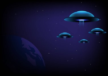 UFO gece gökyüzünde Dünya 'yı, gezegeni ya da ayı keşfeder. Soyut bir uzay katmanıyla, tanımlanamayan uçan bir nesne insan dünyasının üzerinde süzülüyor. vektör illüstrasyonu