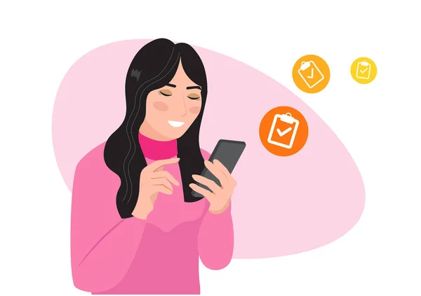 Akıllı Telefonlu Mutlu Kadın Sosyal Medya Hesaplarını Kontrol Ediyor Sosyal — Stok Vektör