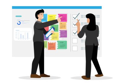 Proje yönetimi, görev izleme veya çalışma süreci, bitiş veya tamamlanmış görevlerin izlenmesi, planlama veya üretkenlik kavramı, iş adamı proje yöneticisi hedefe ulaşmak için tamamlanmış onay kutusu üzerinde çalışıyor.