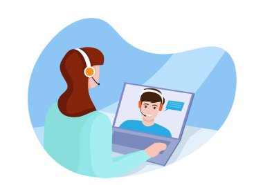 Çevrimiçi Röportaj konsepti. Web afişi, mobil uygulama, kahraman resimleri için kullanılabilir. Beyaz arkaplanda düz vektör illüstrasyonu.