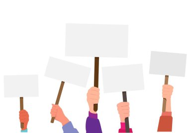 People holding placards isolated on white background. People against violence, descrimination, human rights. Protesters concept. Vector stock
