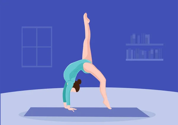 Mujer Joven Practicando Yoga Meditando Estirándose Sobre Esterilla Personaje Femenino — Vector de stock