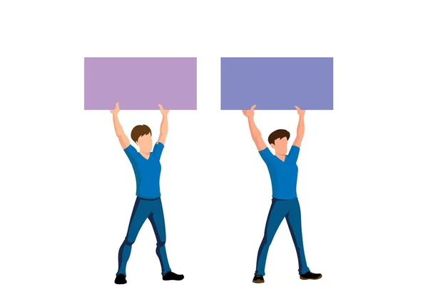 Young Men Standing Together Holding Blank Signs Colorful Flat Vector — Stock Vector