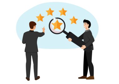 Değerlendirme, kalite veya değer değerlendirmesi, gayrimenkul veya emlak değerlendirmesi, çalışan performans konseptini analiz, yıldız kalite skorlu büyüteçle iş adamı.