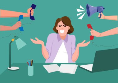 Ofiste çalışan bir kadın. Müşteri telefonu ve iş siparişi megafonu tutan bir insan eliyle. Onu çok strese sokuyor. vektör illüstrasyonu