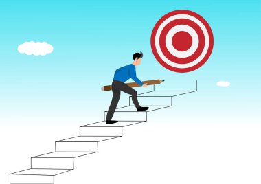 Hedefe ulaşmak için merdiven inşa etmek, kariyer başarısı veya başarıya ulaşmak için ilerleme, iş hedefi veya gelecek başarılı olmak, kariyer yolu kavramını geliştirme çabası, iş adamı başarı için merdiven çekmek için kurşun kalem kullanıyor.