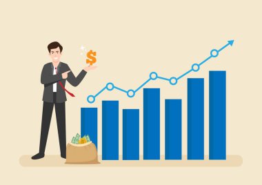 Satış elemanı, pazarlama veya yatırım profesyoneli, kar veya satış komisyonu parası, büyüme planlaması veya başarı finansal danışmanı konsepti, kendine güvenen işadamının büyüme grafiğinde doları var.