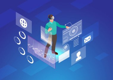 İnsan holografik arayüzü Hud Isometric Düz vektör illüstrasyon işletim. Sanal Artırılmış gerçeklik Gelecek teknoloji konsepti.