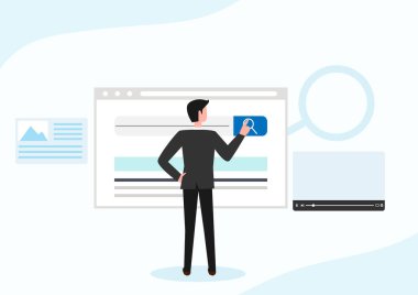 İş adamı arama çubuğu, arama kutusu, adres çubuğu ve metin alanlarıyla yuvarlak köşeli internet tarayıcı motoru ile arama çubuğuna girer. UI tasarımı. Web arayüzü ögeleri web simgeleri ve düğmeleri ile.