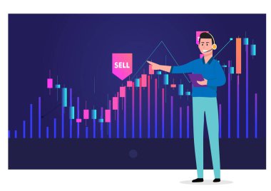 Technical analysis trader to analyze stock market or crypto currency data movement, trend analysis to take profit, buy and sell indicator chart concept, businessman trader magnify candlestick chart. clipart