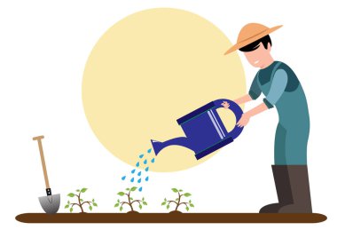 Bir bahçıvanın, bir sebze bahçesini düz bir şekilde sulamasının vektör çizimi. Mavi üniformalı bir çiftçi bahçe ekipmanlarıyla: sulama tenekesi, kürek, süpürge, el arabası bitki yetiştiriyor